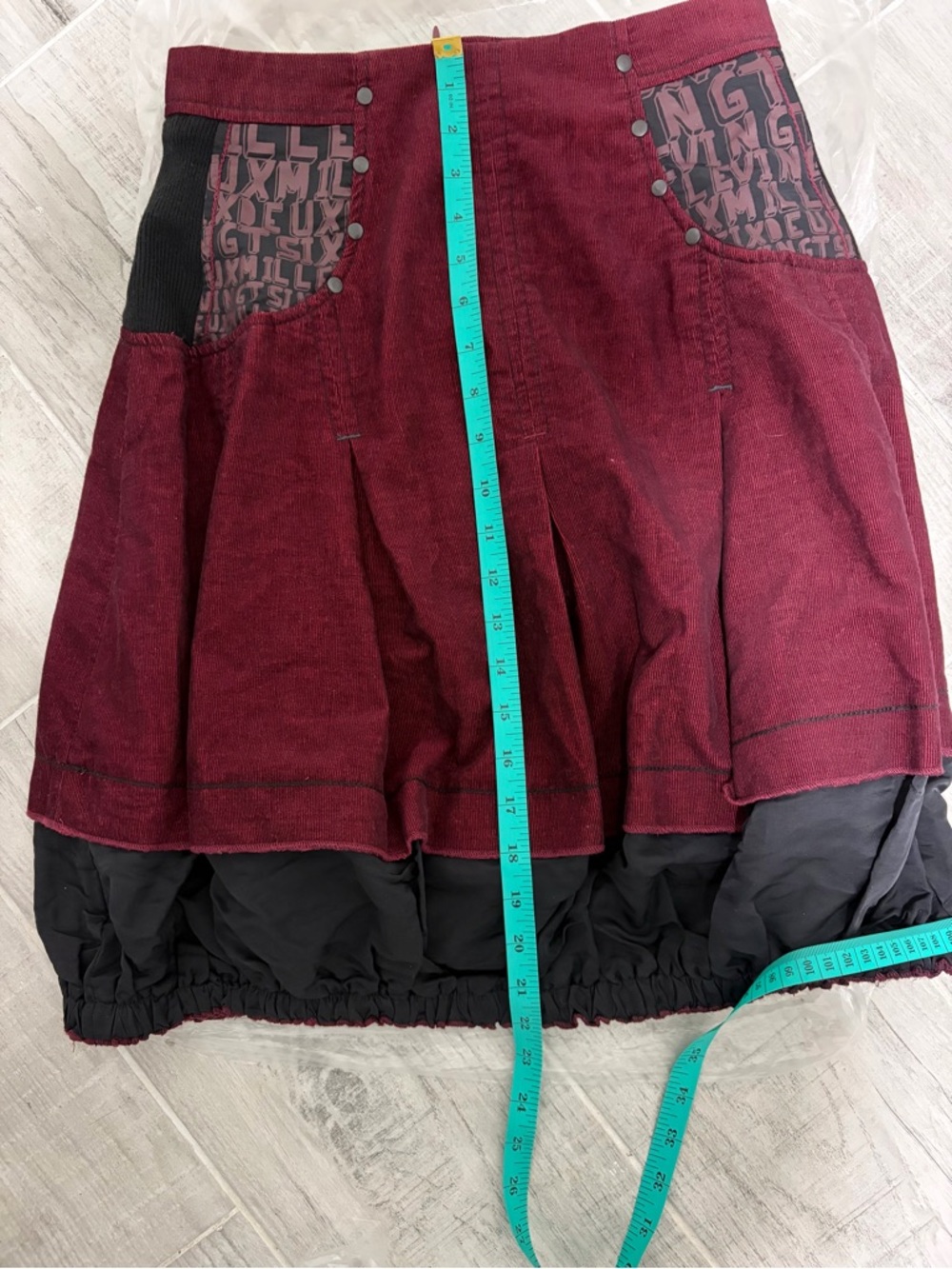 Burgundy and Black Corduroy Bubble Hem Skirt Made in Europe